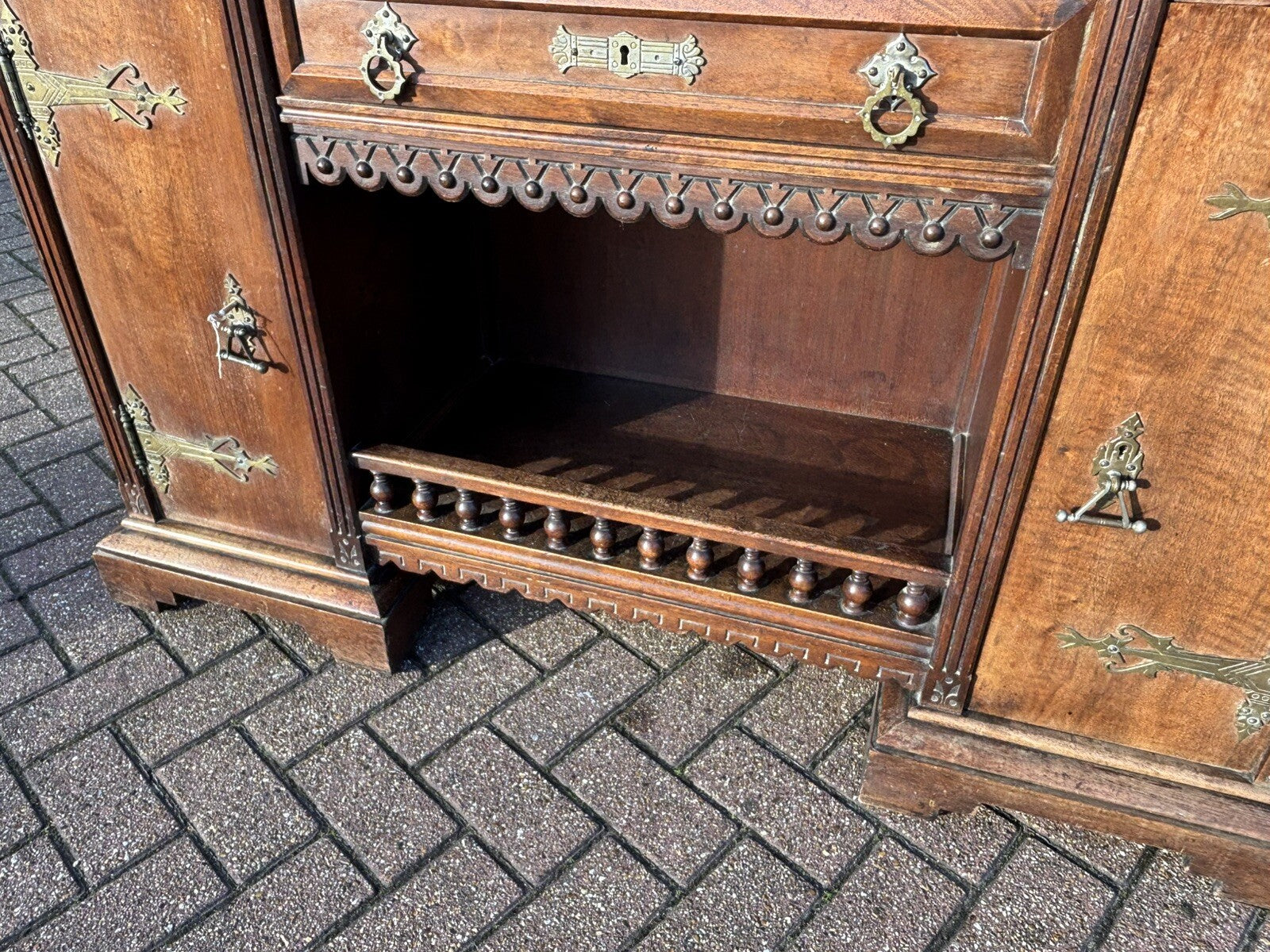 Arts & Crafts French Walnut Bookcase / Cupboard With Fitted Shelves & Drawers