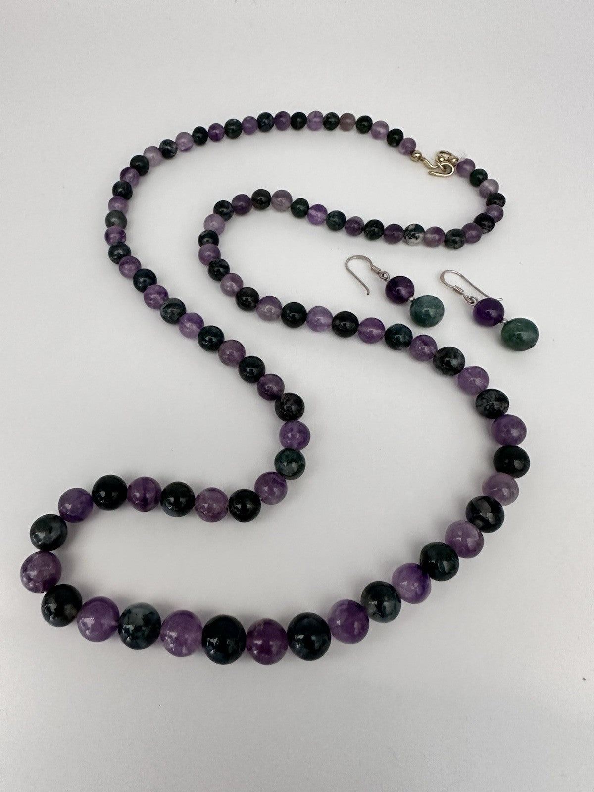Amethyst And Moss Agate Beaded Necklace And Sterling Silver Earring Set