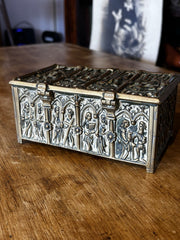 Antique Gothic Revival Gilt Brass Jewellery / Trinket Box With Religious Scenes.