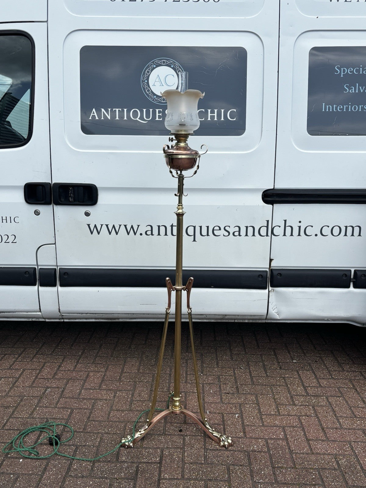 Art Noveau Brass & Copper Height Adjustable Electric Converted Oil Lamp- Superb