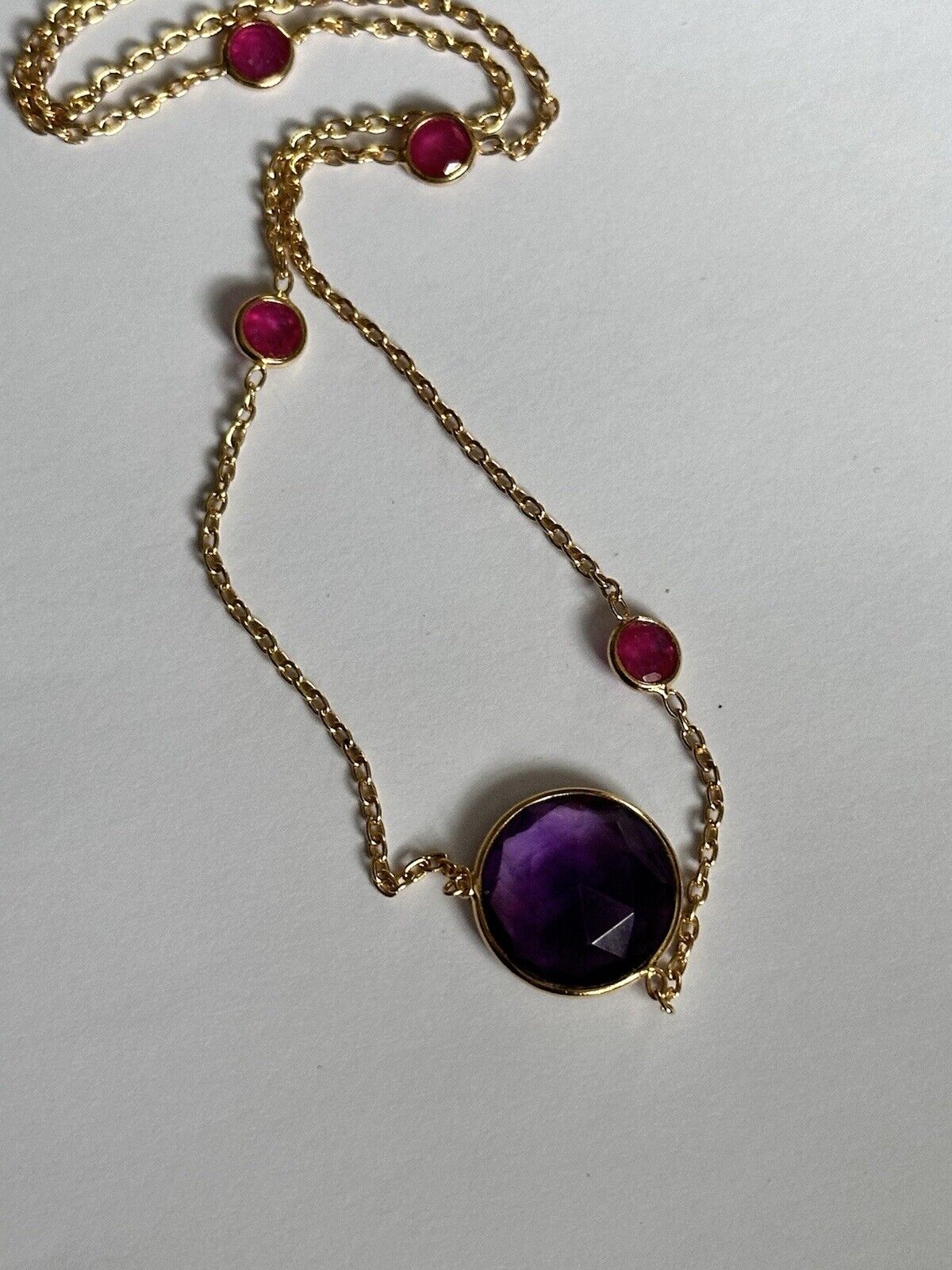 18k Gold Vermeil On 925 Silver Natural Amethyst And Ruby Necklace