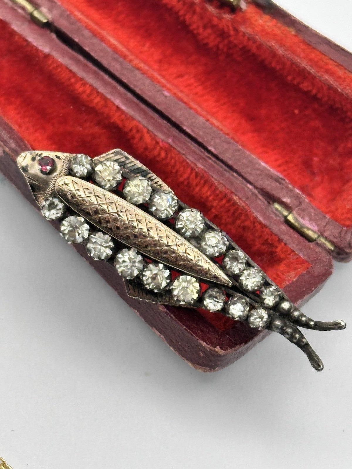 Antique 9ct Gold Silver Paste Fish Brooch With Ruby Eye