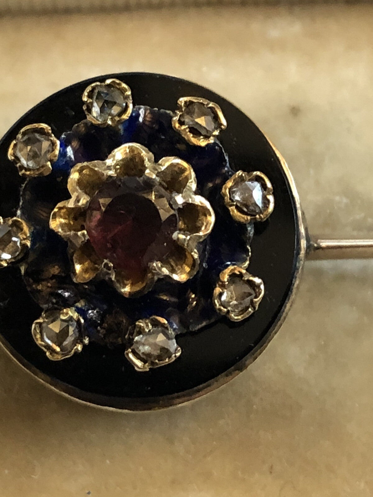 Antique Victorian 14ct Gold Onyx Old Cut Diamond Garnet Enamel Brooch