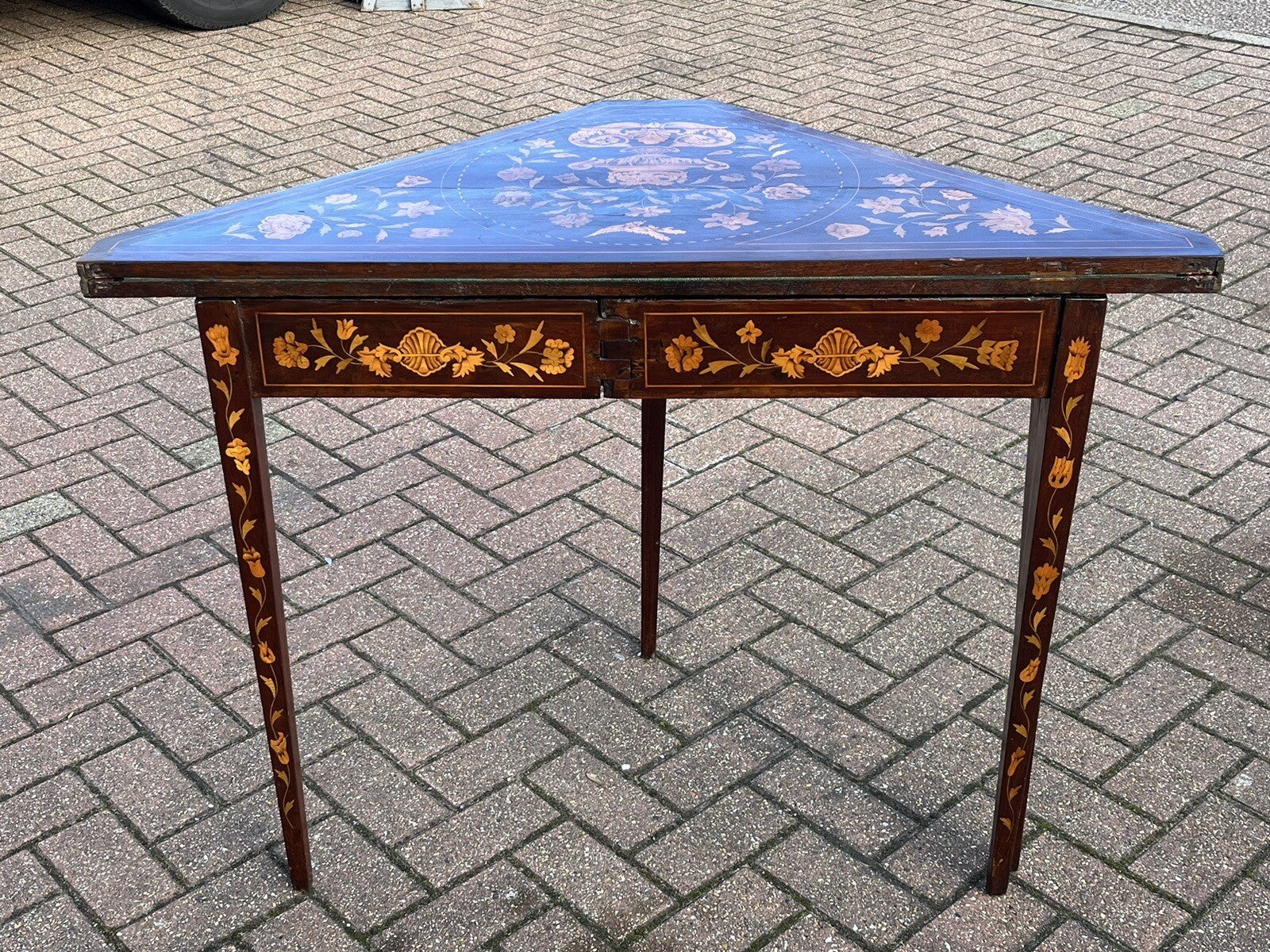 18thC Dutch Marquetry Games Table With Fold Over Lid & Baized Playing Area