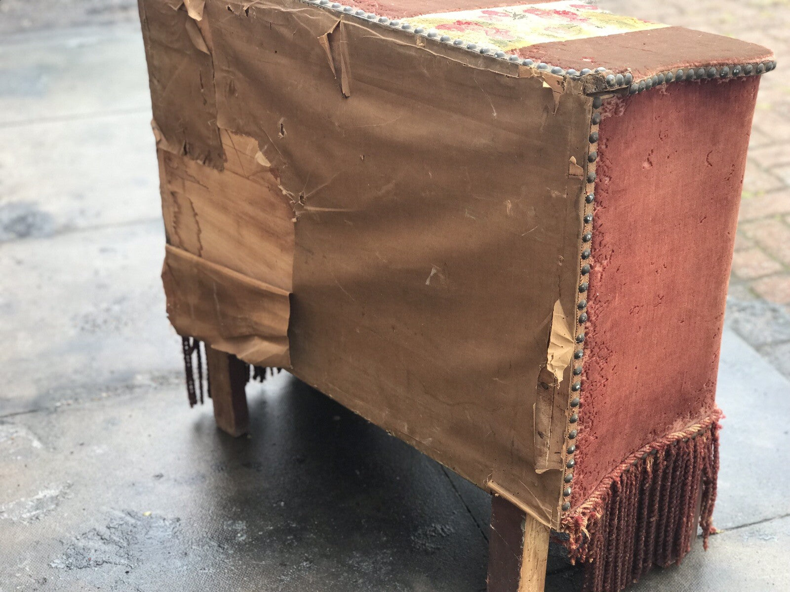 Antique Fireside Log Storage With Original Upholstered Decoration