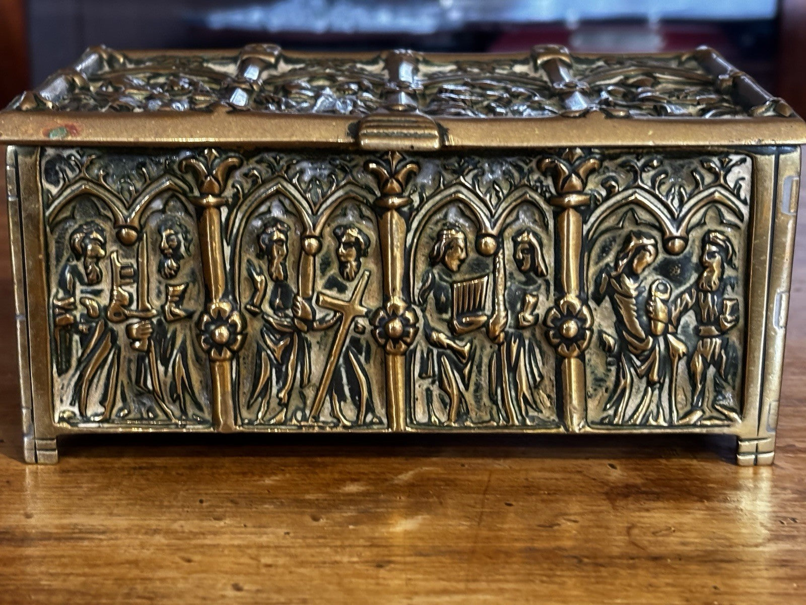Antique Gothic Revival Gilt Brass Jewellery / Trinket Box With Religious Scenes.