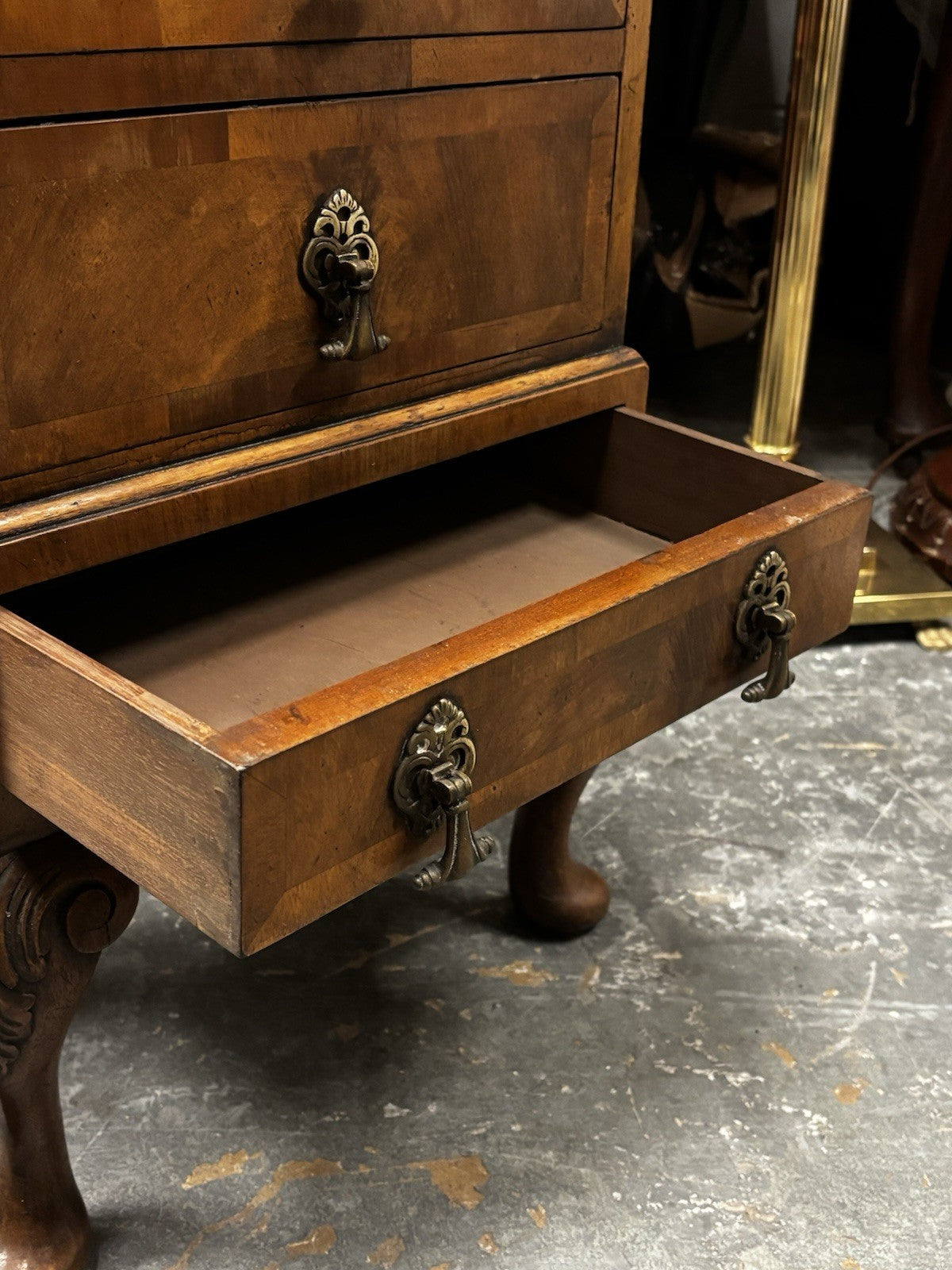 Art Deco Walnut Small Chest Of Drawers, Brass Handles.