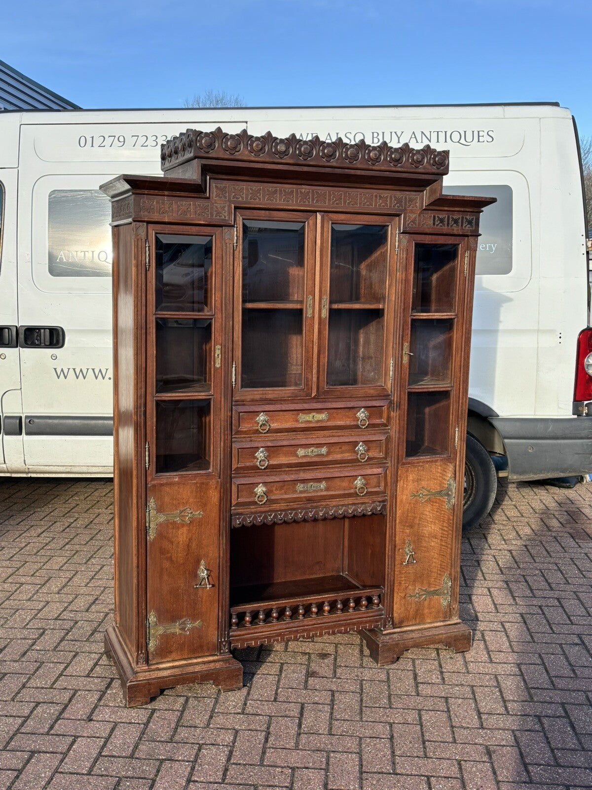Arts & Crafts French Walnut Bookcase / Cupboard With Fitted Shelves & Drawers