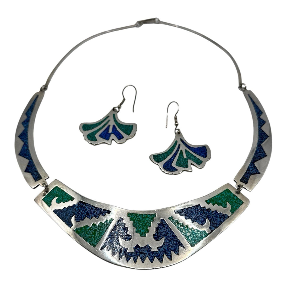 Alpaca Mexico Crushed Turquoise Blue Stone Collar Necklace And Earring Set