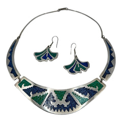 Alpaca Mexico Crushed Turquoise Blue Stone Collar Necklace And Earring Set