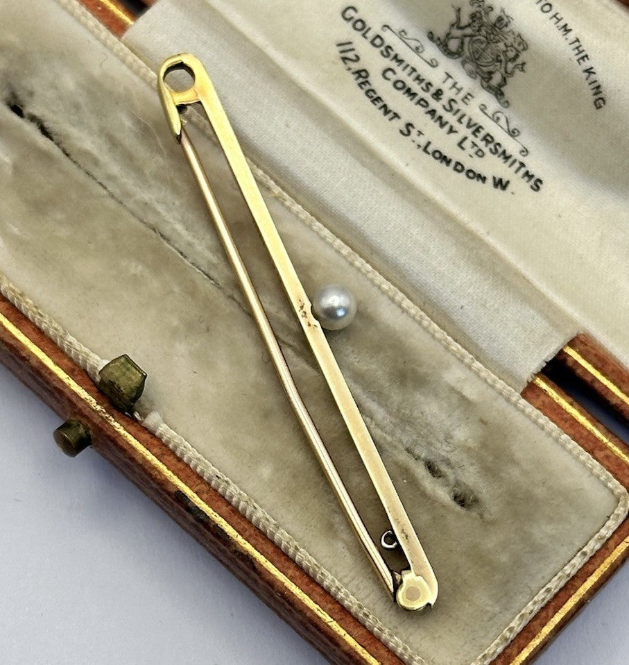 Antique Victorian Edwardian 18ct Gold Platinum Pearl Bar Brooch Original Box