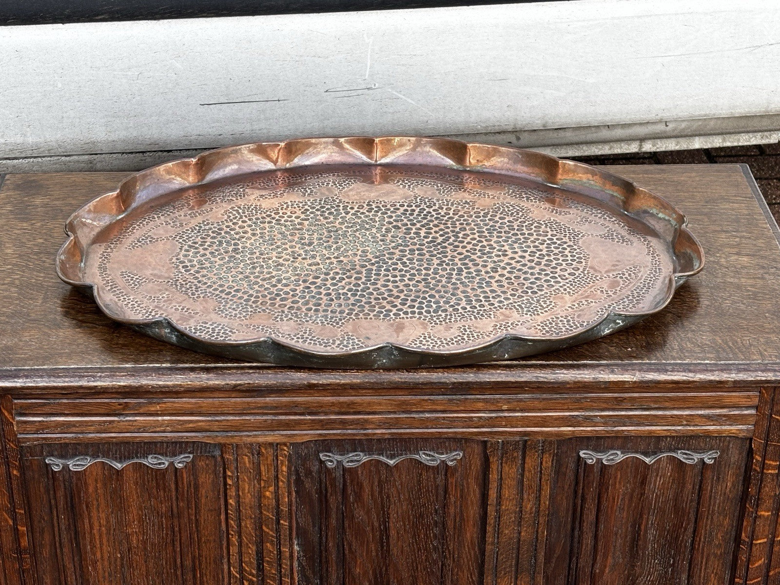 Arts & Crafts Decorated Copper Tray. Large In Size.
