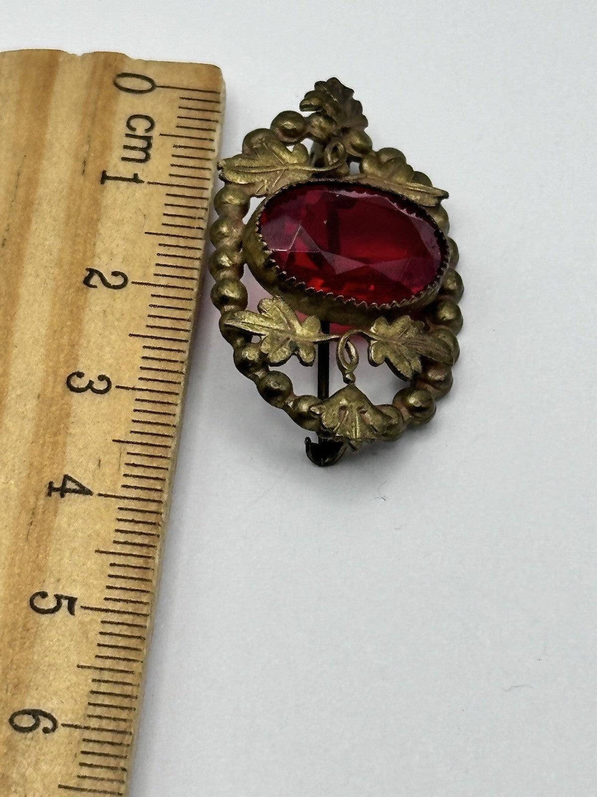 Antique Victorian Metal Red Glass Brooch