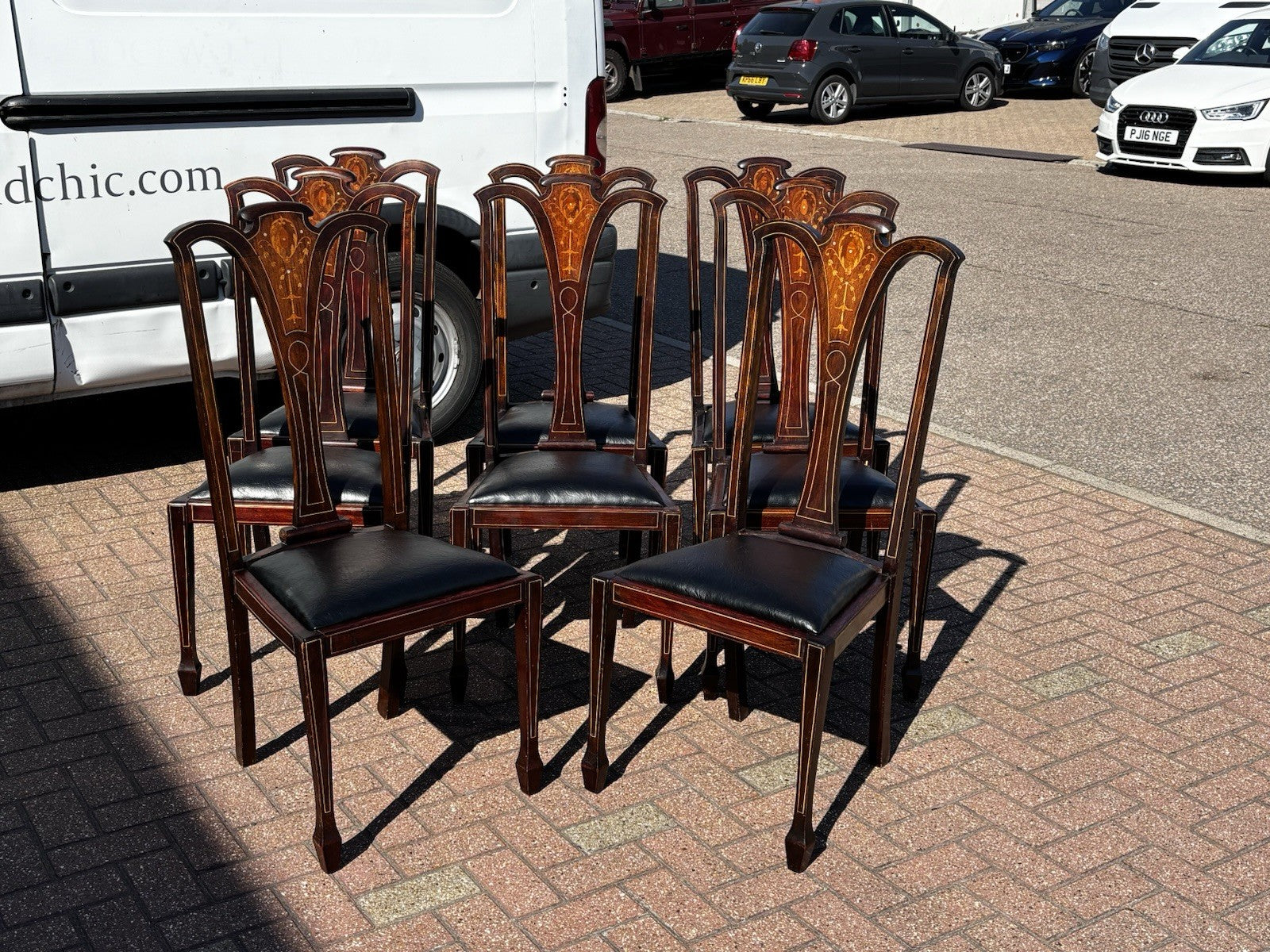 8 Art Noveau Marquetry Inlaid Mahogany Dining Chairs, New Upholstery.