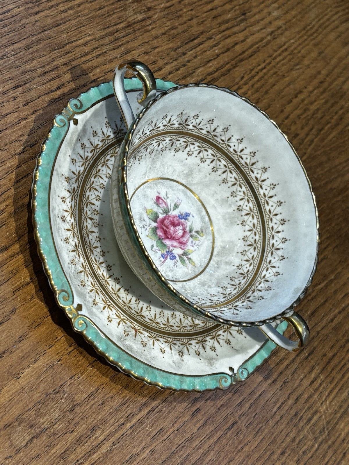 Aynsley Keaburn 7638 Green Soup Cup & Saucer