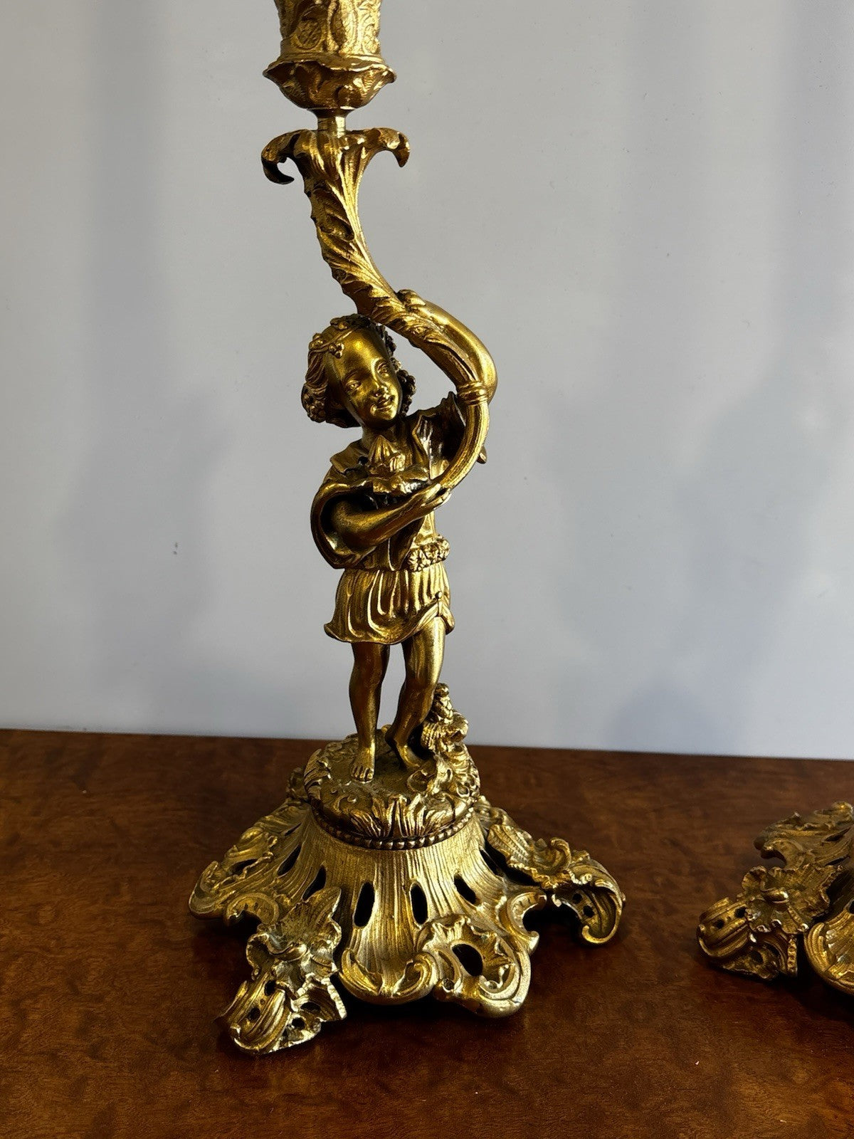 19th Century Gilt Bronze Candlesticks, Boy & Girl Figures, Very Good Quality.