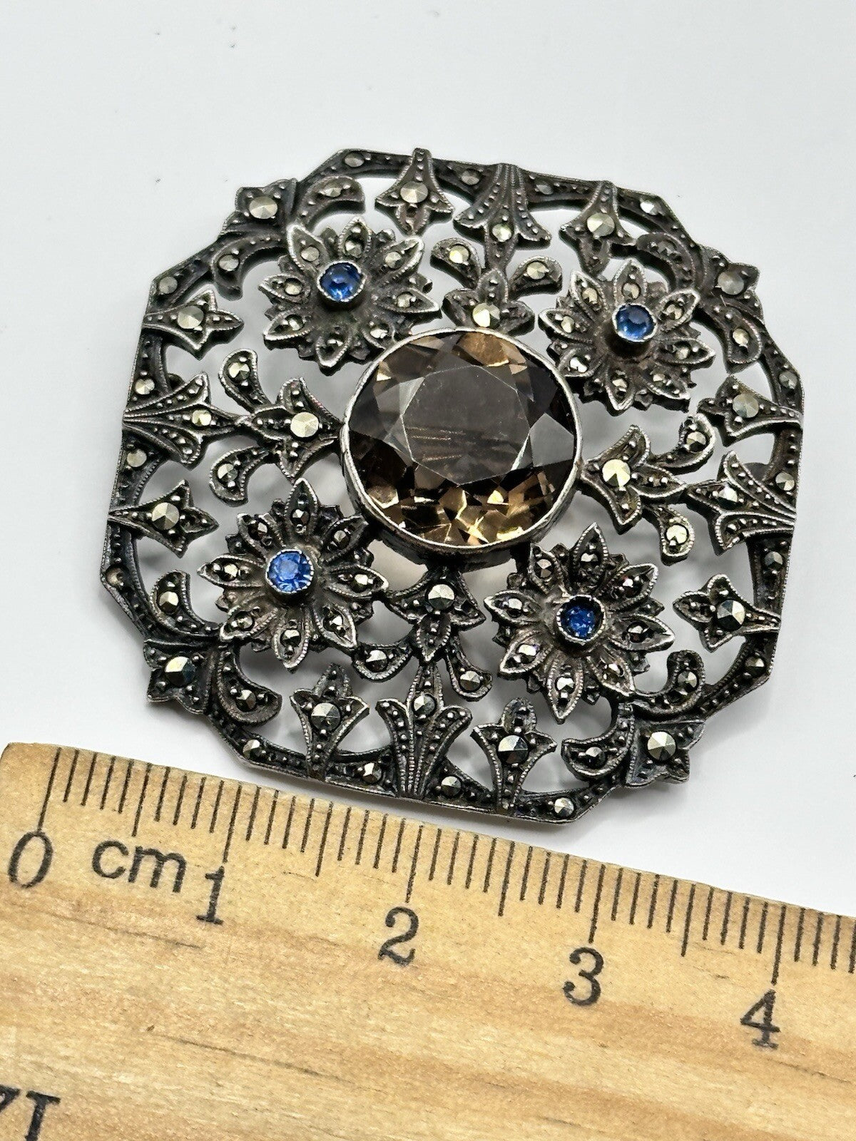 Antique Edwardian  Silver 925 Marcasite Glass Stone Brooch