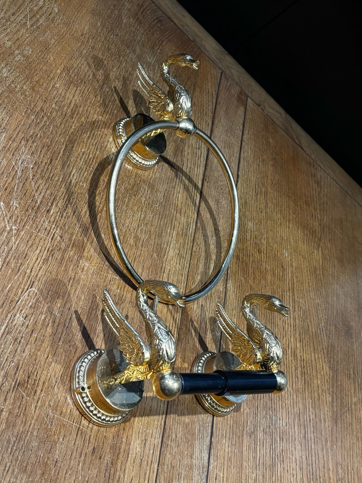 1970's Gold Plated Swan Towel Holder And Toilet Roll Holder