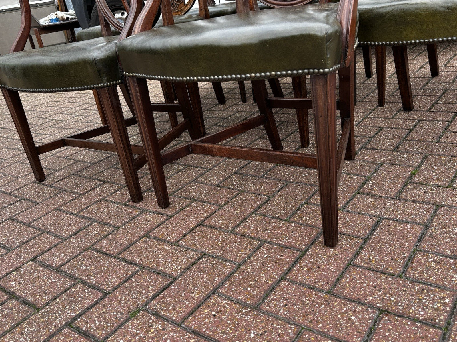 8 Hepplewhite Dining Chairs. Green Leather Upholstery. Prince Of Wales Feathers