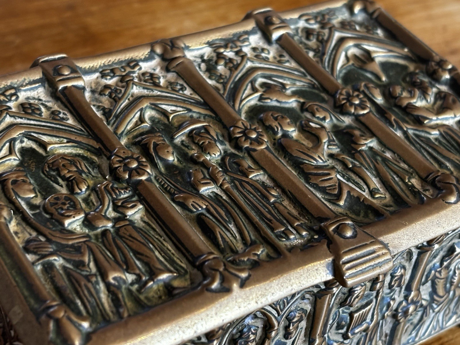 Antique Gothic Revival Gilt Brass Jewellery / Trinket Box With Religious Scenes.