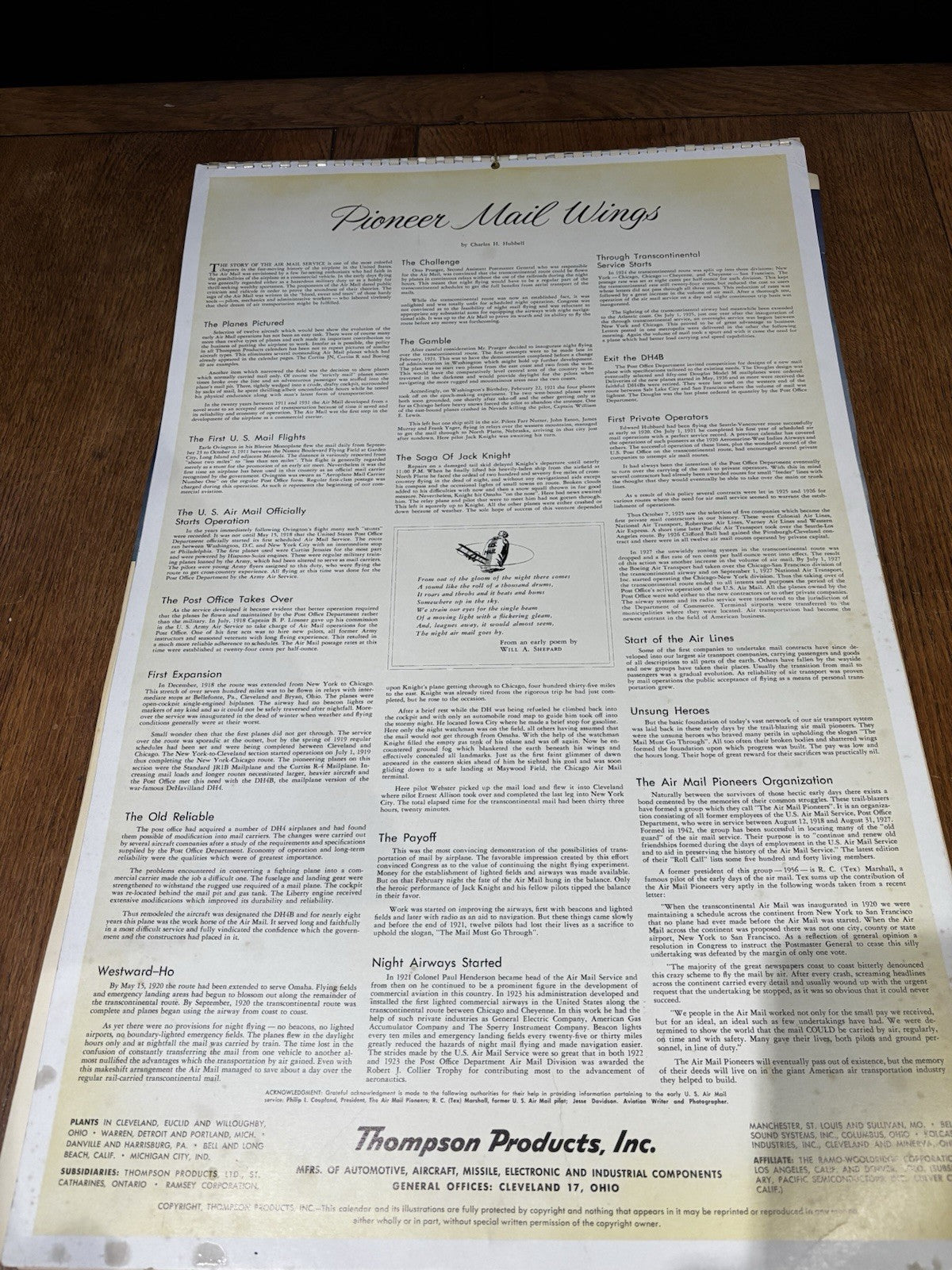 1958 Large Thomson Products Inc Pioneer Mail Wings 66 X 42 Cms