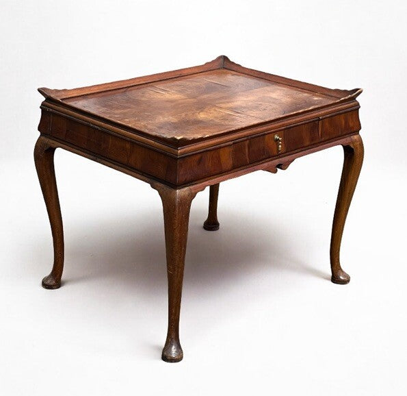 Antique Walnut Tray Top Side Table With Drawer. Pad Feet, Brass Handle.