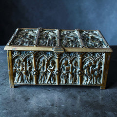Antique Gothic Revival Gilt Brass Jewellery / Trinket Box With Religious Scenes.