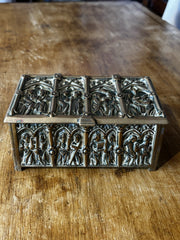 Antique Gothic Revival Gilt Brass Jewellery / Trinket Box With Religious Scenes.