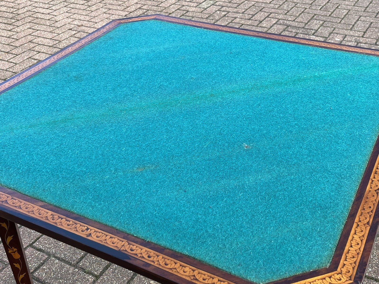 18thC Dutch Marquetry Games Table With Fold Over Lid & Baized Playing Area