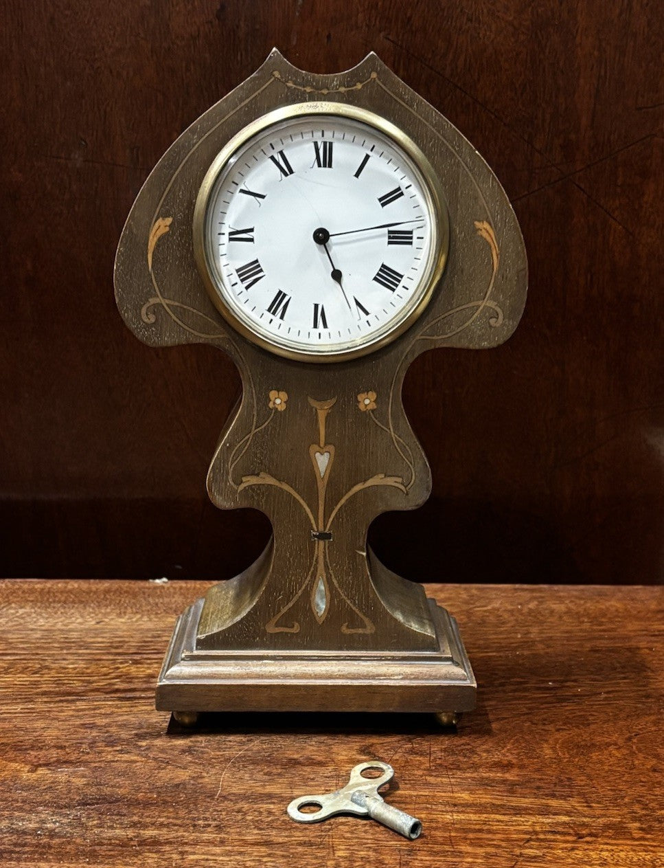 Art Nouveau Inlaid Mahogany Clock. Ticking Away Nicely, Comes With A Key.
