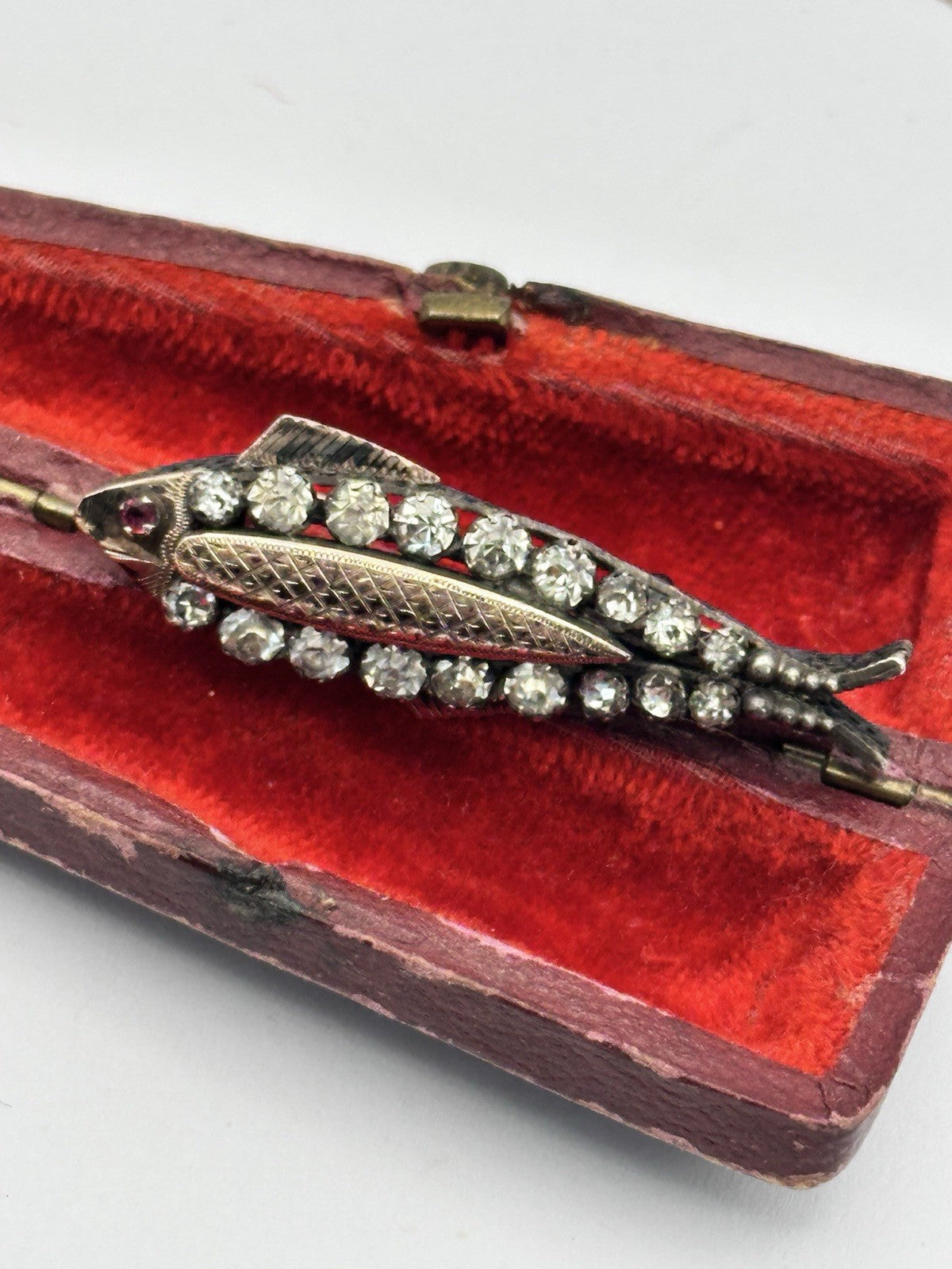 Antique 9ct Gold Silver Paste Fish Brooch With Ruby Eye