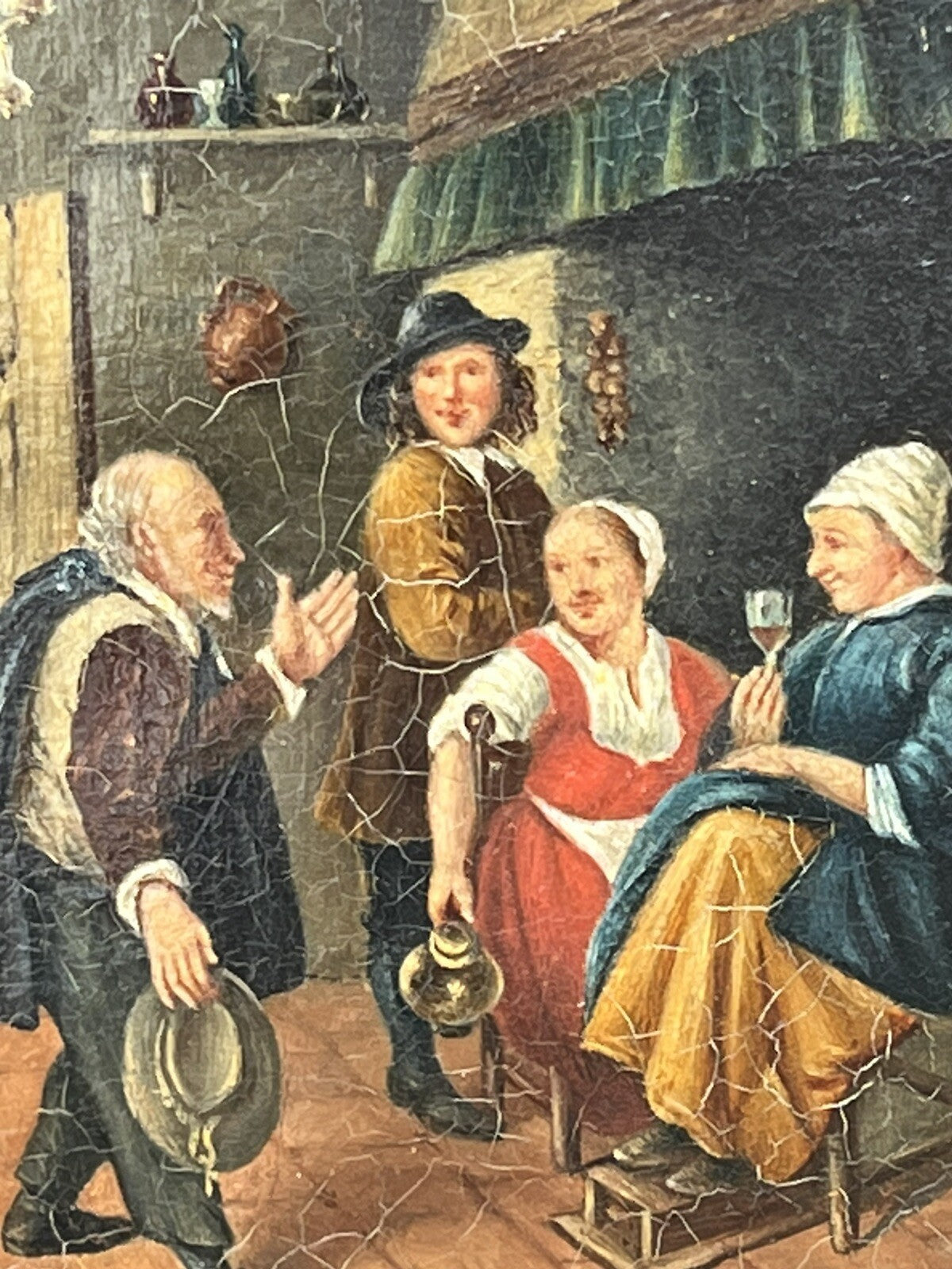 19th Century English Tavern Or Inn Scene. Oil On Canvas In Gold Gilt Frame.