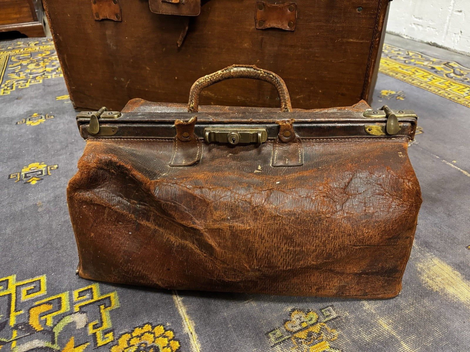 Antique Collection Of Luggage, Trunk, Hat Box & Bag.