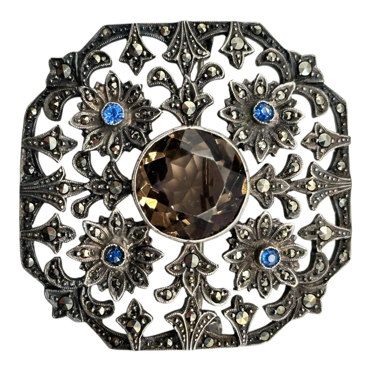 Antique Edwardian  Silver 925 Marcasite Glass Stone Brooch