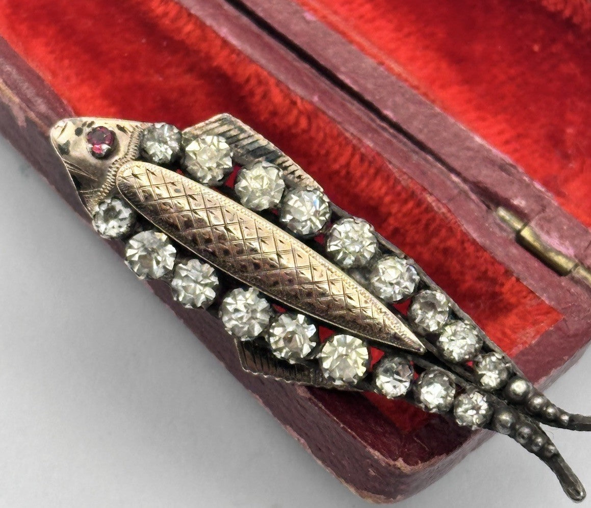Antique 9ct Gold Silver Paste Fish Brooch With Ruby Eye