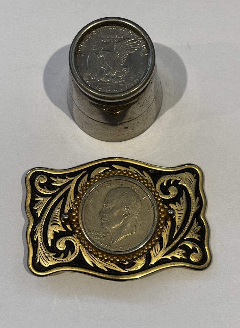 1976 Dollar Belt Buckle & 1972 Dollar Whisky Tumbler