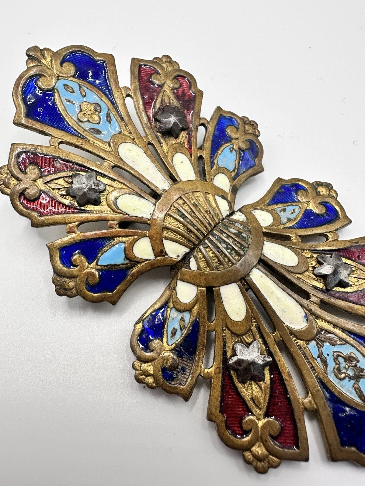 Art Nouveau Enamel Cut Steel Stars Brass Buckle