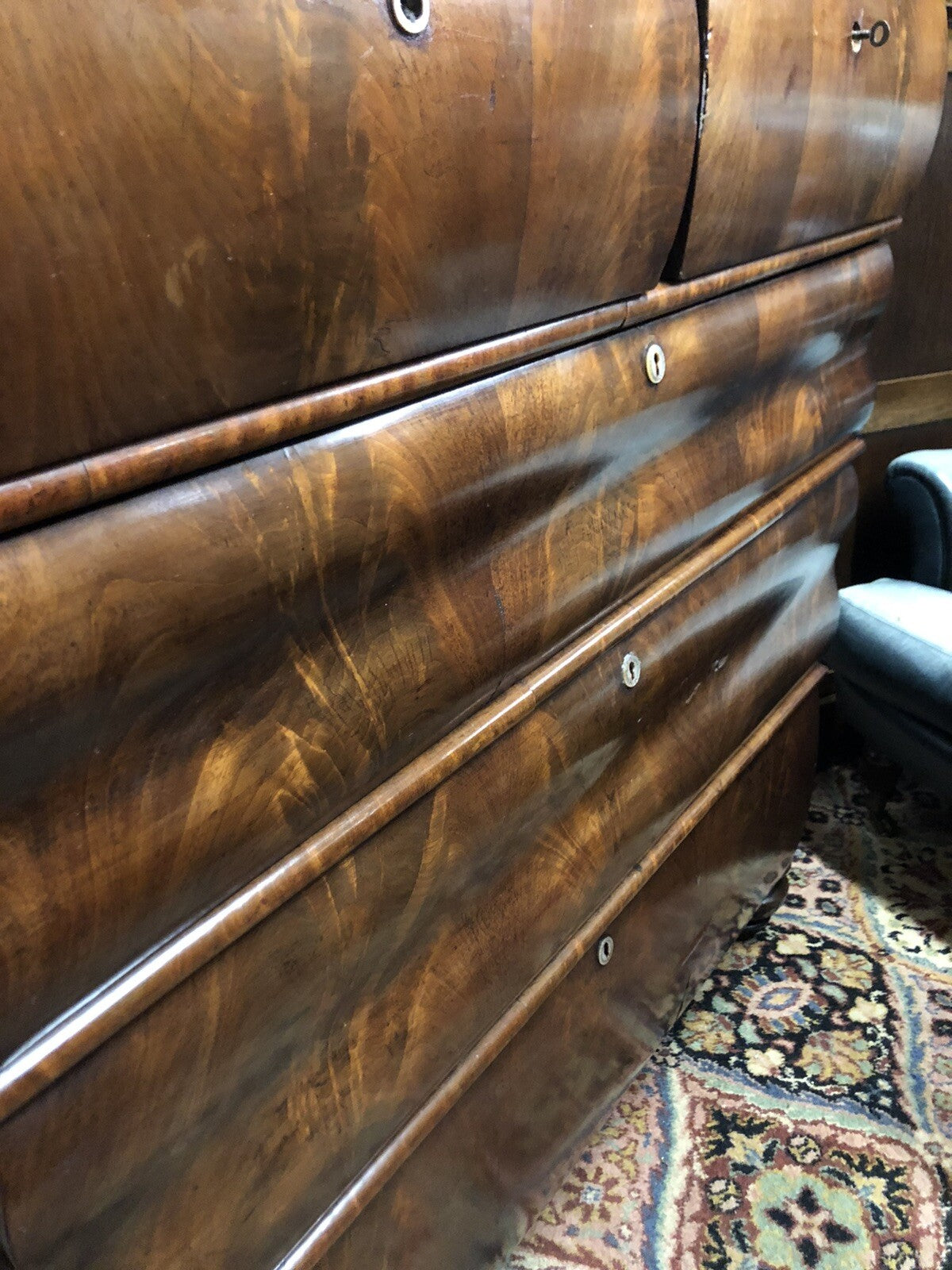 Antique Mahogany Biedermeier Chest Of Drawers, Flame Veneers. Circa 1860
