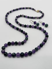 Amethyst And Moss Agate Beaded Necklace And Sterling Silver Earring Set
