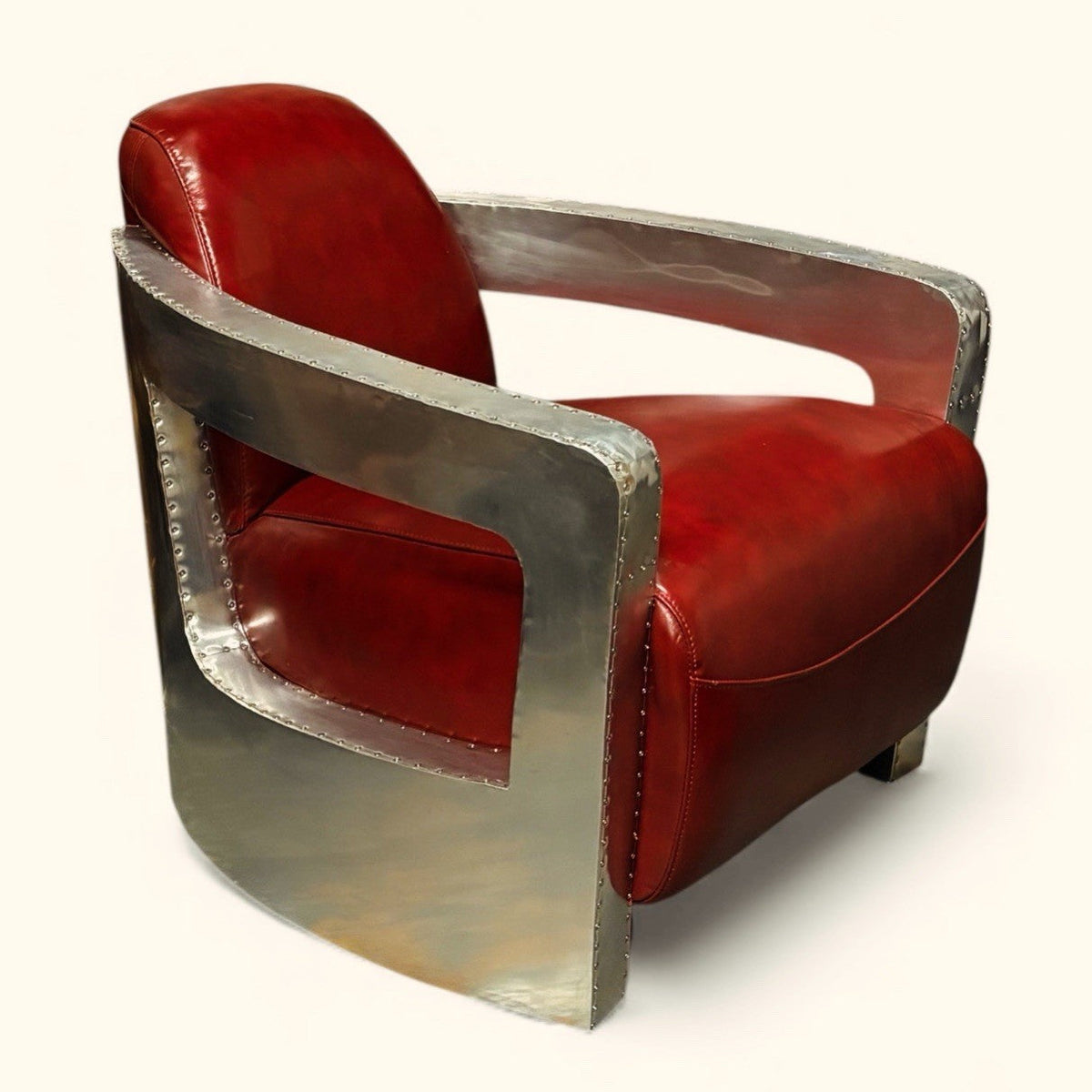 Aviators Polished Metal  Armchair, With Red Leather Upholstery.