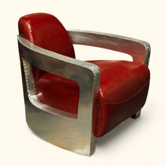 Aviators Polished Metal  Armchair, With Red Leather Upholstery.