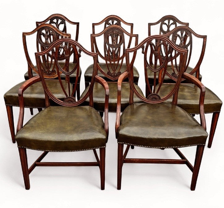 8 Hepplewhite Dining Chairs. Green Leather Upholstery. Prince Of Wales Feathers
