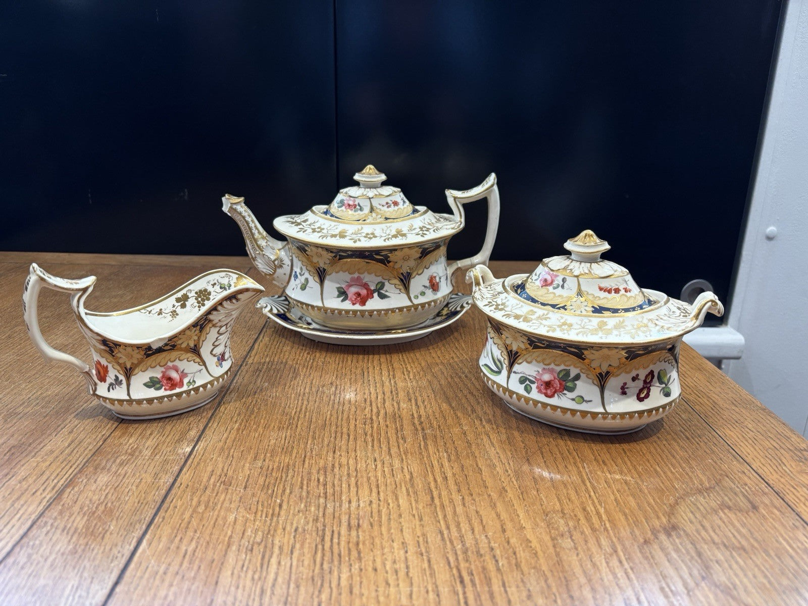Antique Machin Highly Decorated Gilt Painted Tea Pot & Stand, Sugar & Milk Jug