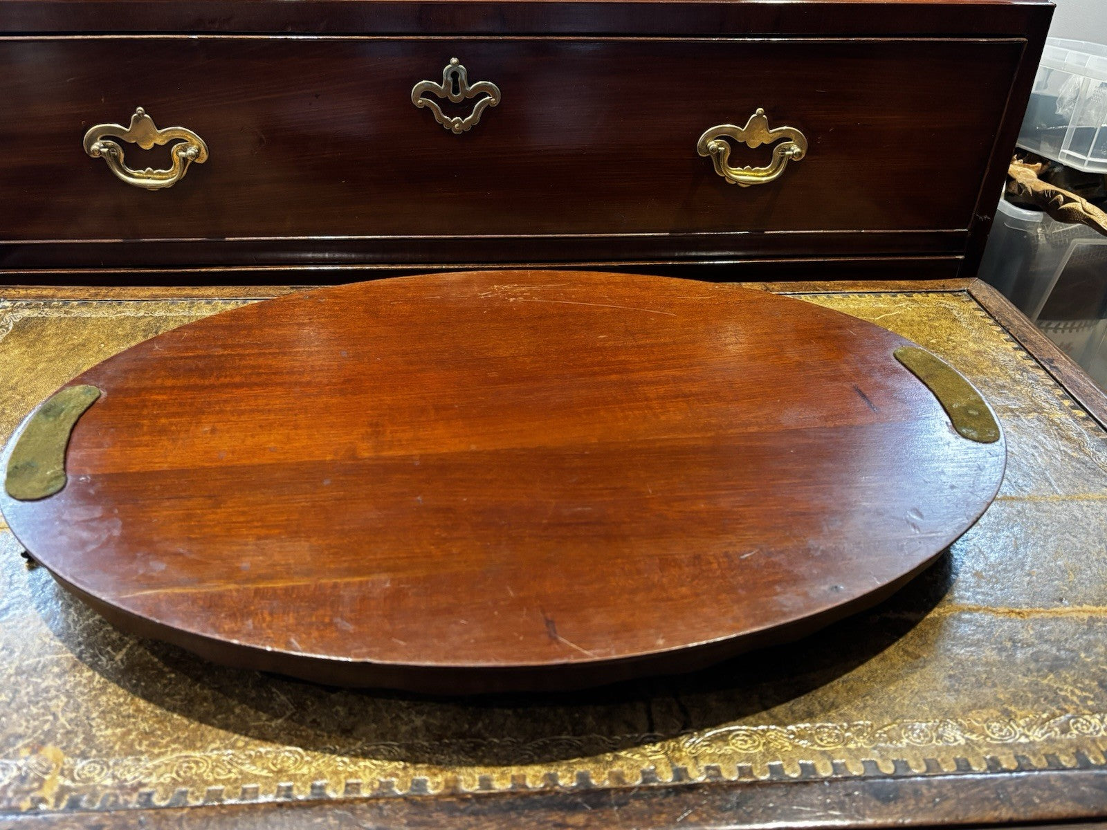 Antique Mahogany Drinks Tray With A Musical Scene Marquetry Inlaid To Centre.