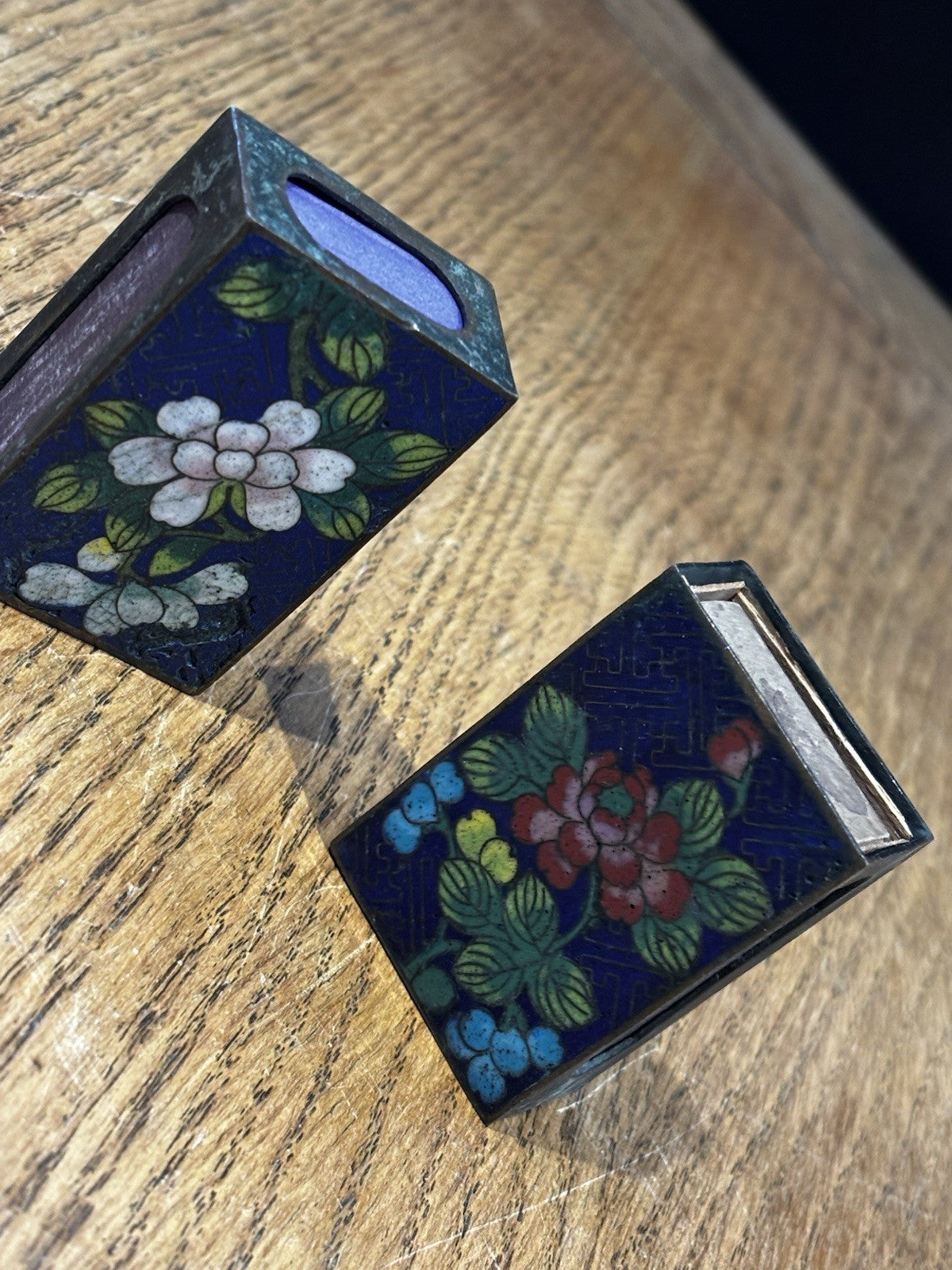 Antique Cloisonné Tobacco Jar And 2 Matchbox Cases