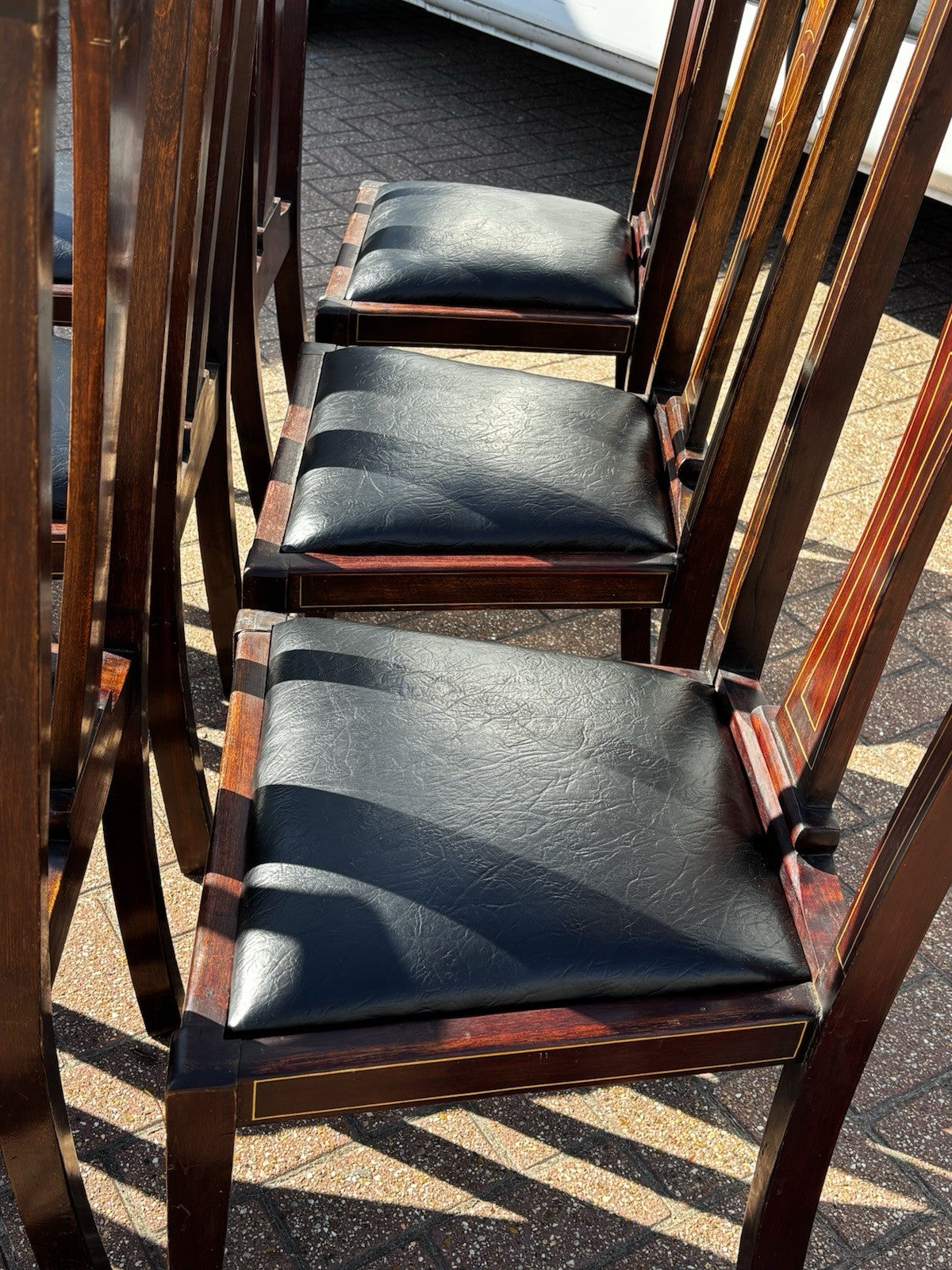 8 Art Noveau Marquetry Inlaid Mahogany Dining Chairs, New Upholstery.