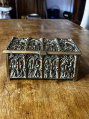 Antique Gothic Revival Gilt Brass Jewellery / Trinket Box With Religious Scenes.