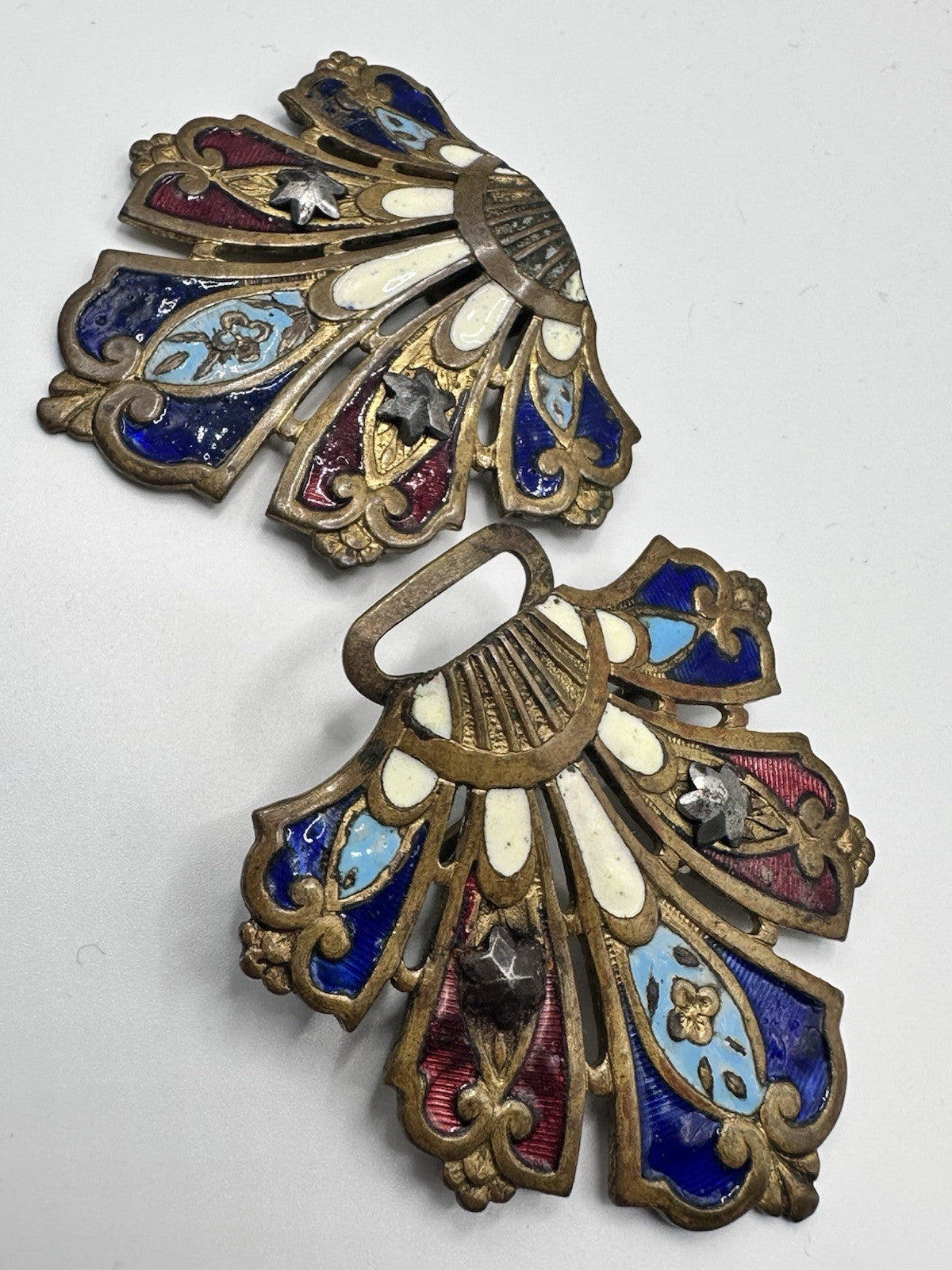 Art Nouveau Enamel Cut Steel Stars Brass Buckle