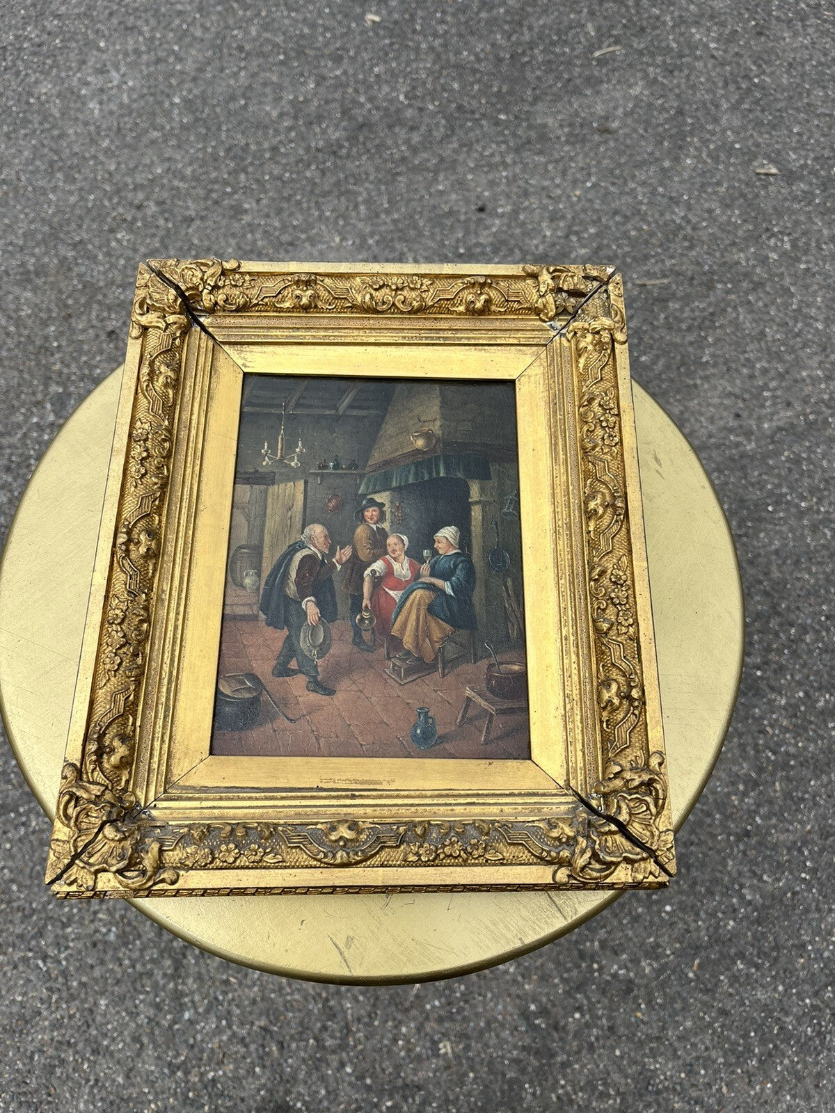 19th Century English Tavern Or Inn Scene. Oil On Canvas In Gold Gilt Frame.