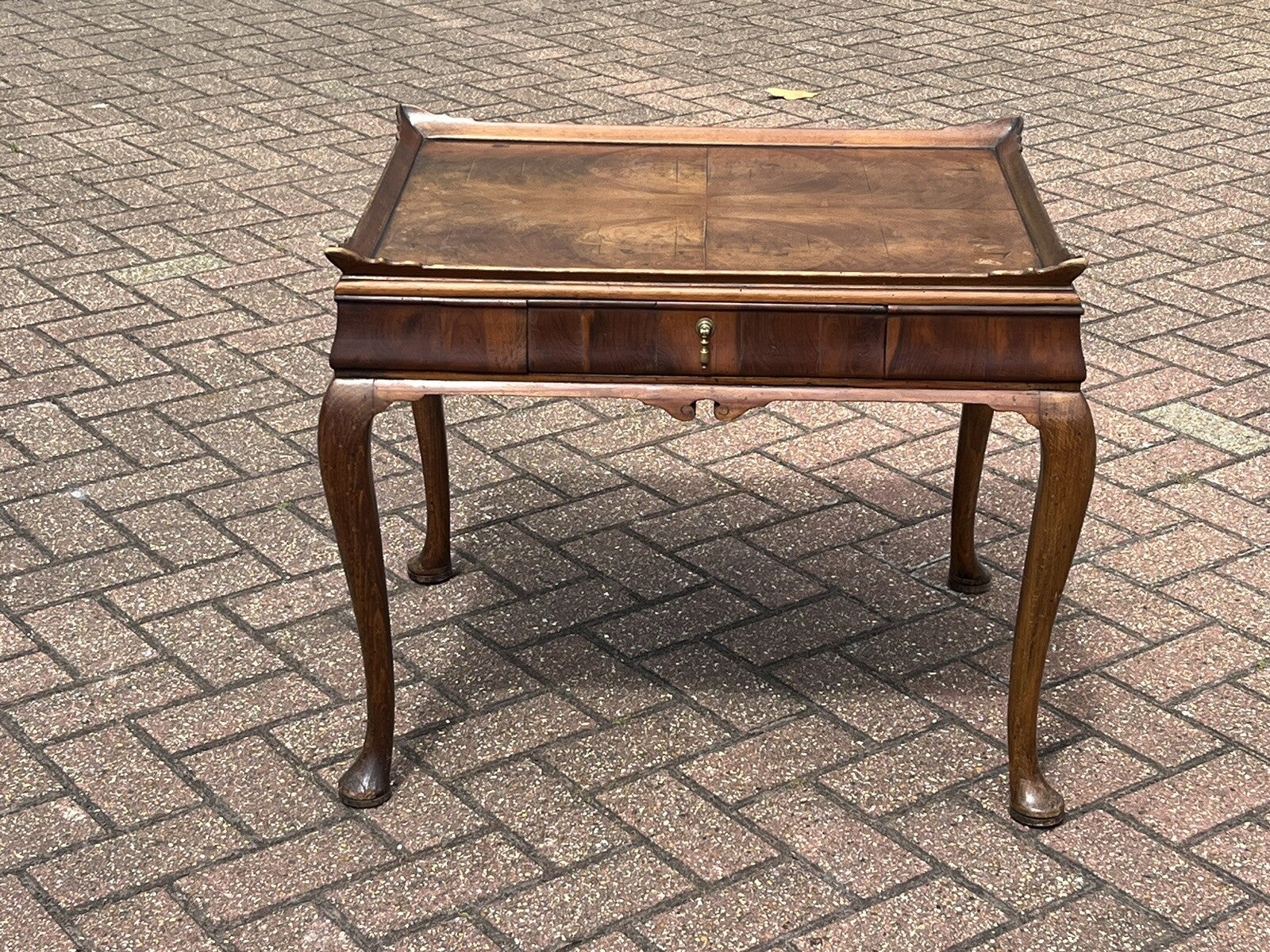 Antique Walnut Tray Top Side Table With Drawer. Pad Feet, Brass Handle.